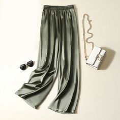 Color: Green, Size: L Silk Wide Leg Pants, Summer Pants Women, Satin Trousers, Wide Leg Palazzo Pants, Satin Pants, Silk Trousers, Dress Bra, Floral Dress Summer, Women Pants Casual