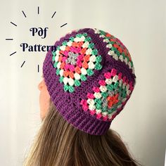 a woman wearing a crocheted hat with the words pop pattern written below it