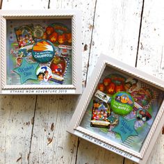 two framed pictures with the names of various children's toys in them on a wooden surface