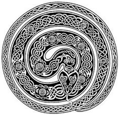 the letter s is made up of celtic designs and has been drawn in black ink