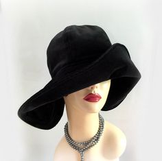 Floppy Brim Hat in Black Velvet - The Derby wide brim Cloche Elegant Black Bucket Hat, Gatsby Style Wide Brim Adjustable Hats, Curved Brim Costume Hats For Winter Evening, Curved Brim Costume Hats For Winter Evenings, Fitted Flapper Cloche Hat With Brim, Elegant Black Bucket Hat With Short Brim, Wide Brim Top Hat For Winter Evening, Adjustable Wide Brim Flapper Hat, Elegant One-size-fits-most Bonnet