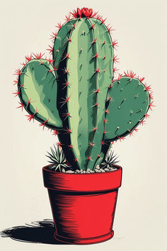 a green cactus in a red pot