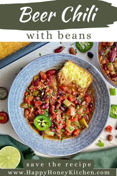 beer chili with beans in a blue bowl