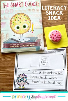 the smart cookie book is next to a pink donut and a yellow postcard