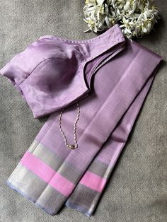 Kimaya lilac silk saree  Pure silk saree Thread weaving border and striped body Handloom Attached  blouse piece with BORDER 6.2 metres light weight zero zari To view more kanchi silk sarees, pls click on https://aavaranaa.com/kanchipuram-silk-sarees/ Lilac Silk Saree, Isha Borah, Draping Blouse, Thread Weaving, New Saree Designs, Saree Draping