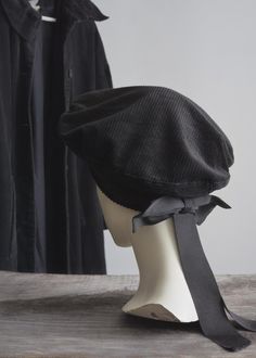 black corduroy tami beret cap hat with bowknot back - ladies/women's. lined cotton  in very good condition for its age and use with minor wear, raw ends, as shown. carried out disinfection, but may it have a second-hand smell (AS IS) diameter flat crown 23" circle approx  22" / 56 cm rare 1970s laura ashley corduroy coat black with ruffled collar, tied cuffs, extraordinary puffed sleeve, cinched waist (s/m/l) for purchase: https://www.etsy.com/listing/1772504323/rare-1970s-laura-ashley-corduroy-coat since we give measures, we won't accept any returns for sizing difficulties. be sure to thoroughly review them and request any additional ones you might need. also, compare the measurements to an item of clothes that fits you well rather than to your own please be aware that your country may re Beret Cap, Corduroy Coat, Berets Cap, Ruffled Collar, Berets, Coat Black, Laura Ashley, Cinched Waist, Black Coat