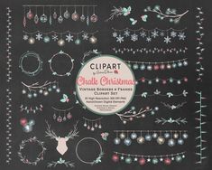 clipart sparkle christmas ornaments and garlands on chalkboard with string lights in the background