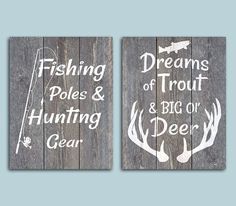 two signs that say fishing, poles and hunting gear on wooden planks with white lettering