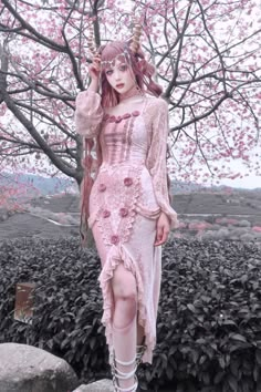 Sakura Nightmare Series Pink Romantic Gothic Outfits Gothic Lace, Lantern Sleeve Top, Pink Mermaid, Fishtail Skirt, Trumpet Skirt, 3d Rose, Mermaid Skirt, Rock Design, Gothic Outfits