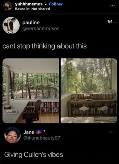 an image of someones twitter post about their house in the woods and what they are doing