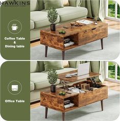 the coffee table and dining table are both made from wood, but have drawers on each side