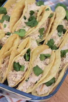 several tacos in a blue dish with cilantro