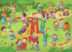 a group of children playing in a park with an adult and child on the playground