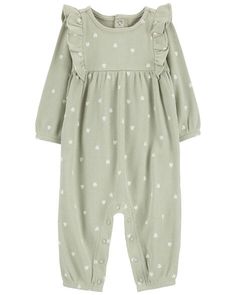 Crafted in soft thermal, this 1-piece jumpsuit is complete with flutter details and a heart print allover for a ready-to-go outfit. Baby Heart, Green Jumpsuit, Thermal Long Sleeve, Long Sleeve Jumpsuit, Black Friday Shopping, Shop Clothing, Heart Print, Clothing Accessories, Baby Clothes