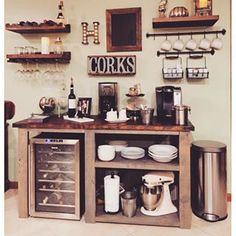 a kitchen area with shelves, pots and pans