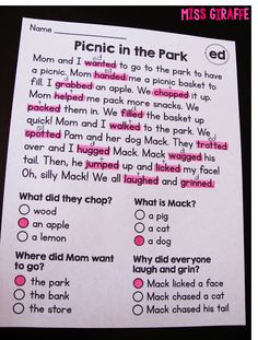 a piece of paper with words and pictures on it that say picnic in the park