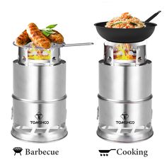 two different types of food being cooked on top of each other with the words tommico and barbecue cooking above them