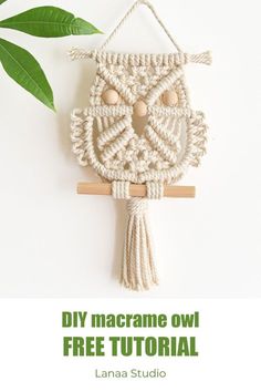 a macrame owl hanging on a wall with text overlay that reads, diy macrame owl free crochet pattern