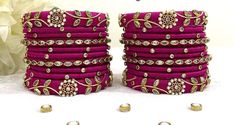 "Traditional Handmade Silk Thread Kundan Stone Studded Bangle Chuda Set Fashion Jewelry For Women Wedding Festive Party Wear Kada Set BANGLE SIZE -  2.4\" Inches, 2.6\" Inches, 2.8\" Inches, 2.10\" Inches Weight - 125 gm  Material: Silk Thread Color: As Per Picture The Bangles are decorated with beautiful stone. It makes your look noble and adds your charming Package include Set Of Silk Thread Bangles Fantastic Hand Kada for weddings, proms, parties or other special occasions * Specially Made For Traditional Occasions. * Used For Hands, It Can Be Reused. * For Bridal bridesmaids." Kundan Bangles Set, Thread Bangles Silk Handmade Bridal, Wedding Bangle With Latkans For Diwali, Wedding Diwali Bangle With Latkans, Purple Bangle For Wedding, Pink Bridal Sets For Party And Festive Occasions, Pink Bridal Sets For Party, Festive Pink Bridal Sets For Party, Pink Festive Party Bangle