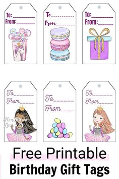 free printable birthday gift tags for girls with princesses and cakes on the top