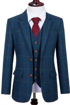 Wool Navy Blue Plaid Tweed Tailored Tuxedo | 3 Pieces Notched Lapel Men Suits Blue Tweed Suit For Work, Blue Tweed Suits For Work, Blue Tweed Jacket For Semi-formal Occasions, Semi-formal Blue Tweed Jacket, Blue Tweed Jacket With Notch Lapel, Blue Tweed Jacket With Welt Pockets, Classic Blue Tweed Suit, Tailored Blue Wool Tweed Jacket, Blue Tweed Suit With Notch Lapel