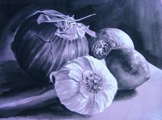 a drawing of garlic and an onion on a table