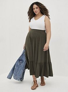 Tiered Maxi Skirt - Jersey Olive, DEEP DEPTHS Summer Outfits Dresses Sundresses, College Summer Outfit, Curvy Summer Outfits, Buisness Casual, Summer Outfits Curvy, Olive Skirt, College Outfits Summer, Classy Summer Outfits, Summer Neutrals