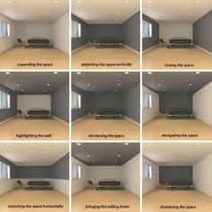 six different views of an empty room with couches