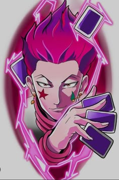 a cartoon character with pink hair and piercings holding a cell phone in her hand