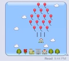 an image of some red balloons flying in the sky with houses and trees behind them