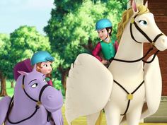 two children riding on the back of horses in an animated scene with trees and grass