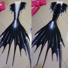 two pictures of a woman's dress made out of paper with black and white feathers