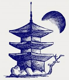 an ink drawing of a pagoda with the moon in the background