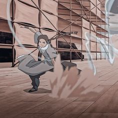 an animated image of a woman in front of a building with scaffolding around her