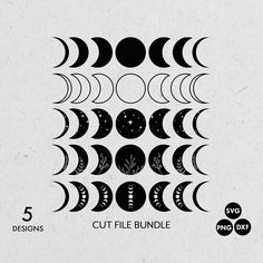 the moon phases cut file bundle is shown in black and white, with five different designs