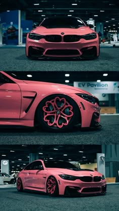 the pink car is on display at an auto show, and it's all painted in