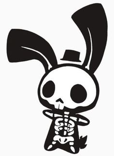 a skeleton rabbit with a top hat on its head and tail, holding a bone