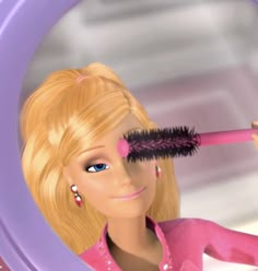 a barbie doll is brushing her hair with a brush in front of a round mirror