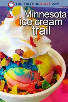 a white bowl filled with ice cream and colorful toppings