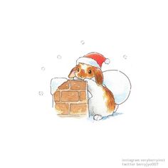 a brown and white dog wearing a santa hat standing in front of a brick wall