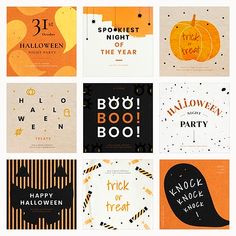 halloween greeting cards with orange and black text on them, all in different styles to match the theme