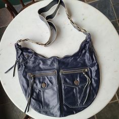 Super Cool Navy Blue Leather Gap Handbag Bag Was Never Used But Tag Is Not Attached. Can Be Worn Over Shoulder Or As Crossbody 14" X 19" Adjustable Strap Up To 30" Gap Bag, Embroidered Shoulder Bag, Retro Shoulder Bag, Cotton Handbag, Denim Purse, Denim Shoulder Bags, Handbag Vintage, Hobo Handbag, Small Crossbody Purse