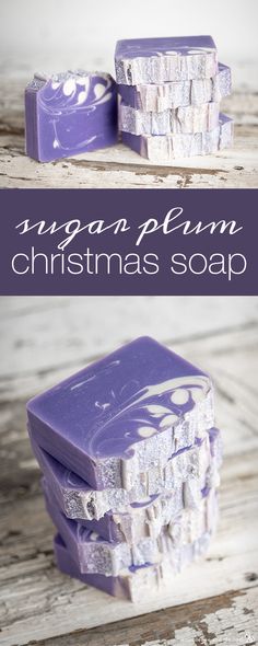 three soap bars stacked on top of each other with the words sugar plum christmas soap