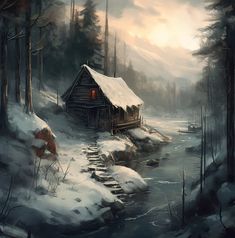 a painting of a cabin in the woods with snow on the ground and water running through it