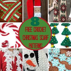 eight free crochet christmas scarf patterns with text overlay that says 8 free crochet christmas scarf patterns