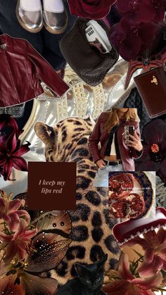 a collage of photos with shoes, flowers and other things in the background that include a leopard print