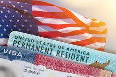 the united states of america and permanent permit resident id cards with an american flag in the background