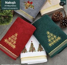 towels with christmas trees on them and pine cones