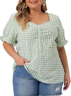 Agnes Orinda Women's Plus Size Gingham Tops 1950s Sweetheart V Neck Puff Short Sleeve Summer Blouse Top 1X Green at Amazon Women’s Clothing store Summer Gingham, Short Sleeve Blouses, Button Decor, Blouses Women, Ruffle Sleeve Blouse, Summer Blouse, Gingham Tops, Plaid Dress Shirt, Elegant Blouses