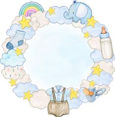 an illustration of a baby's clothes and accessories in the shape of a circle